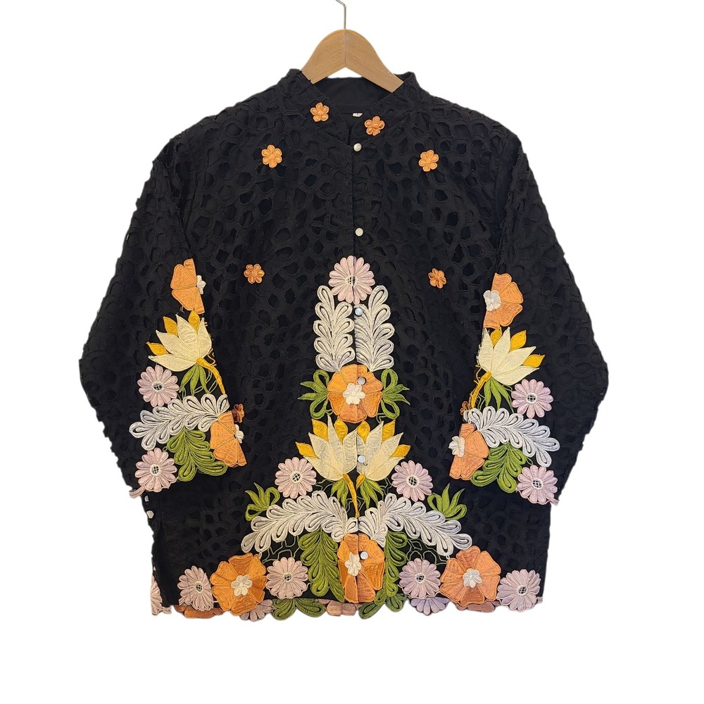 Vtg Queen Caro Of Honolulu Black Jacket Floral Embroidered‎ Eyelet Large Artsy